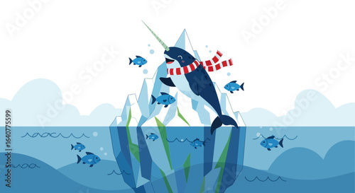 Happy Narwhal Wearing A Scarf Jumping Out Of The Water With Iceberg
