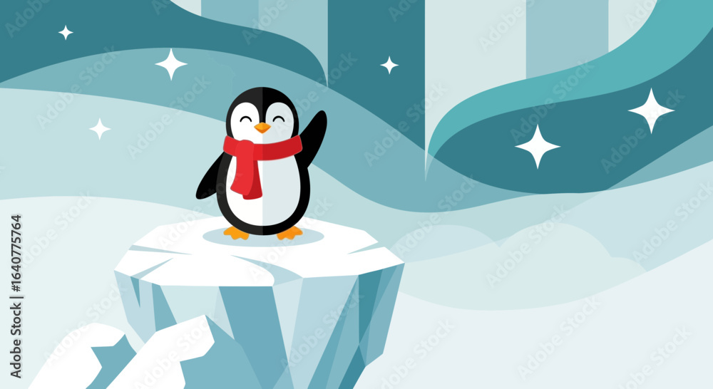 Obraz premium Happy Penguin Waving on Iceberg Under Northern Lights Cartoon Illustration