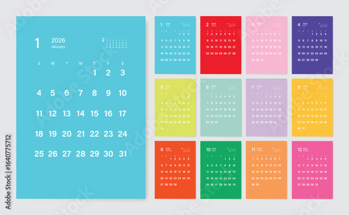 2026 Monthly calendar 12 months template on colorful background. Minimalist design layout calendar week starts on sunday. Use for New year, business, print.