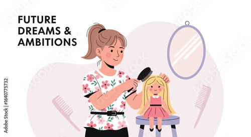 Girl Brushing Her Doll Hair Imagining Future Hairstyling Career Dreams