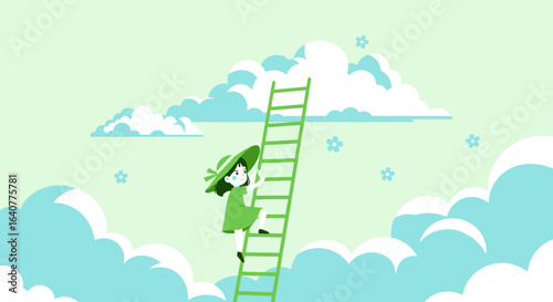 Girl Climbing Ladder to Success Amidst Dreamy Clouds And Light Green Background