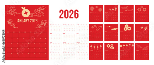 2026 Monthly calendar 12 months template with chinese ornament on red and white background. Minimalist design layout calendar week starts on sunday. Use for New year, business, print.