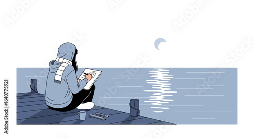 Girl drawing by the lake under the moonlight on a dock, creative peaceful scene