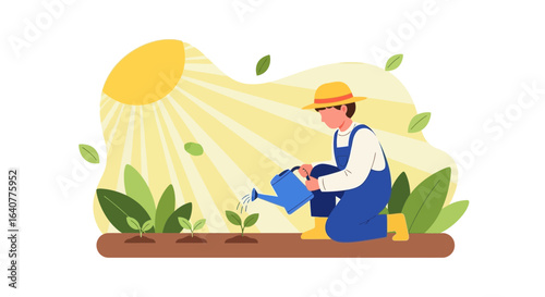 Illustration of farmer watering plants in a garden with sunlight streaming down depicting growth and care