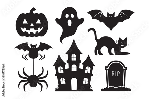 halloween silhouettes of cat, pumpkin, ghost, bat, spider, tombstone, haunted house, perfect for themed graphics, party decor, merchandise
