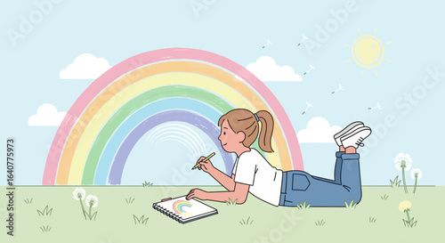 Girl Drawing Rainbow Lying on Green Grass Under Blue Sky With Clouds and Sun
