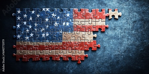 A jigsaw puzzle featuring an incomplete American flag against a textured background, symbolizing unity and patriotism.