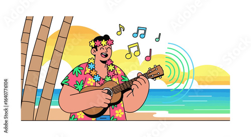 Happy Vacation Vibes Tropical Music Playing On Ukulele By The Beach
