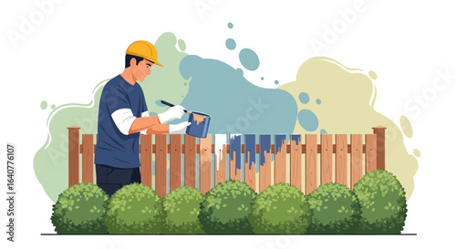 Illustration of a handyman painting a wooden fence in a garden setting backyard renovation and maintenance project outdoor improvement