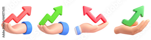 3D illustration of hands holding upward trending arrows, symbolizing business growth, financial success, and positive progress, with vibrant red and green colors and modern, optimistic style
