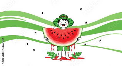 Illustration of a happy child enjoying a large slice of watermelon with decorative background