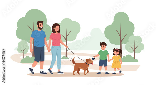 Illustration of a happy family walking their dog in a park on a sunny day portraying health and well-being