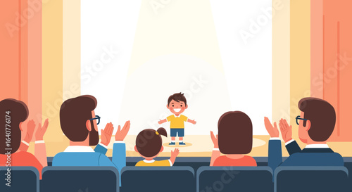 Illustration of a happy child performing on stage with an audience clapping hands