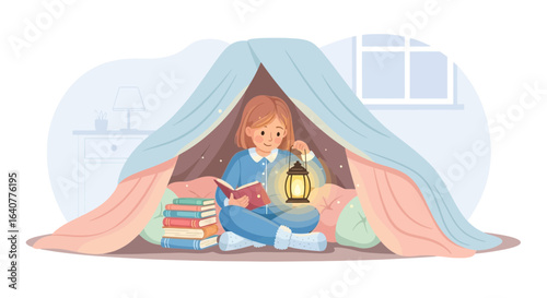 Girl Enjoying Reading In Homemade Tent With Lantern At Night Time