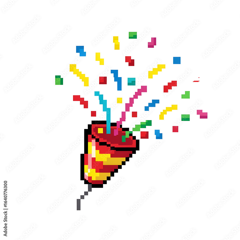 custom made wallpaper toronto digitalA vibrant pixel art party popper with red and yellow stripes exploding with colorful confetti and streamers in a retro 8-bit style.