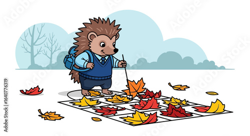 Illustration of a hedgehog playing hopscotch with autumn leaves in a school uniform