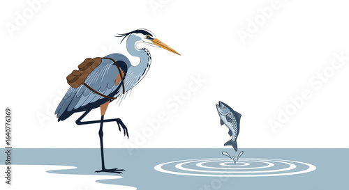 Illustration of a heron with a backpack observing a fish jumping out of the water