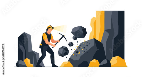 Hard Work At The Mining Site With Miner And Pickaxe And Falling Stone