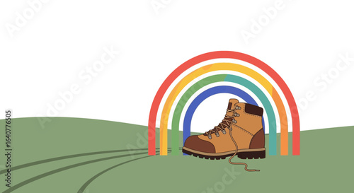 Illustration of a hiking boot resting under a vibrant rainbow in a green field with a clear sky