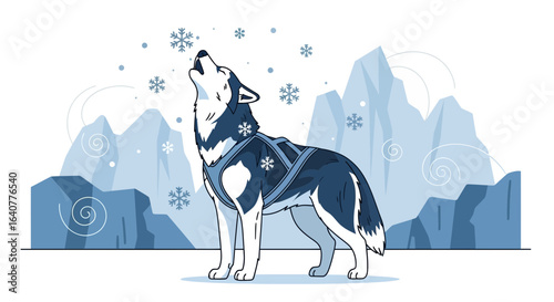 Illustration of a howling husky in a winter landscape with snow and mountains vector art