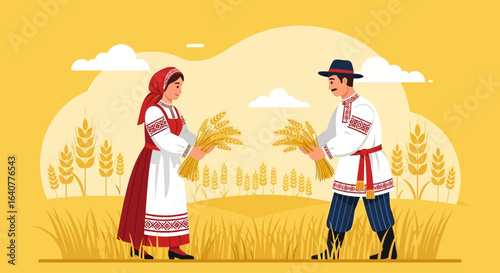 Harvest Time: Rural Couple Gathering Wheat in Traditional Ethnic Attire