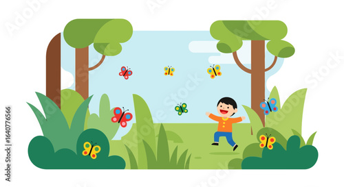 Illustration of a joyful boy chasing butterflies in a vibrant, flat design landscape for children's content