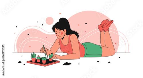 Girl Gardening Potted Cacti At Home Lying On Floor Cute Cartoon