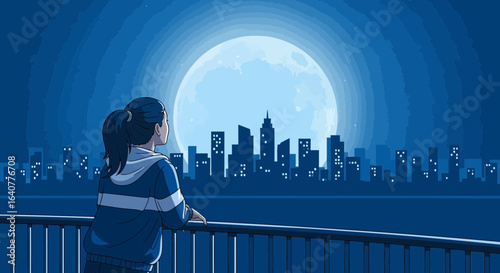 Girl gazing at the moonlit cityscape evoking tranquility and introspection under the night sky