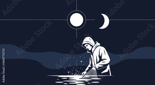 Illustration of a lone fisherman casting a net under the moon and starlight creating a tranquil night fishing scene