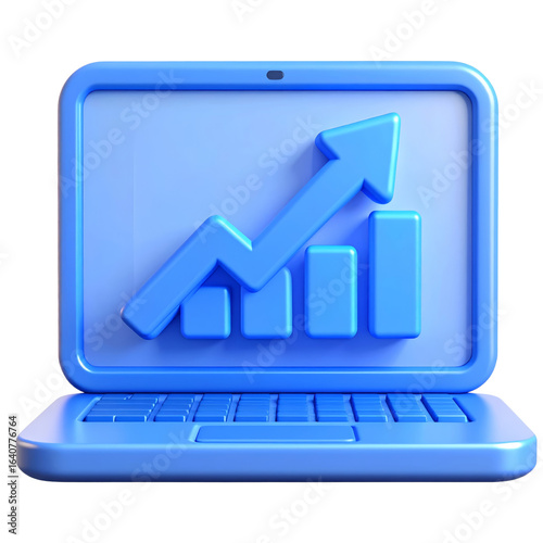 3D illustration of blue laptop with upward arrow and bar chart symbolizing business growth, financial success, and positive data analysis, conveying sense of achievement and progress