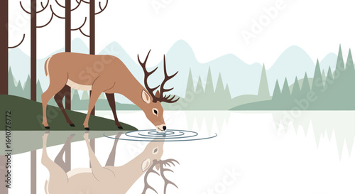 Illustration of a majestic deer drinking water in a serene forest lake scene