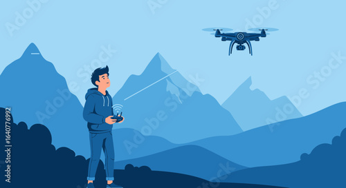 Illustration of a man flying a drone in a mountainous landscape during the day
