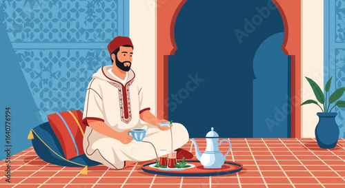 Illustration of a man enjoying traditional Moroccan tea ceremony in a stylish interior