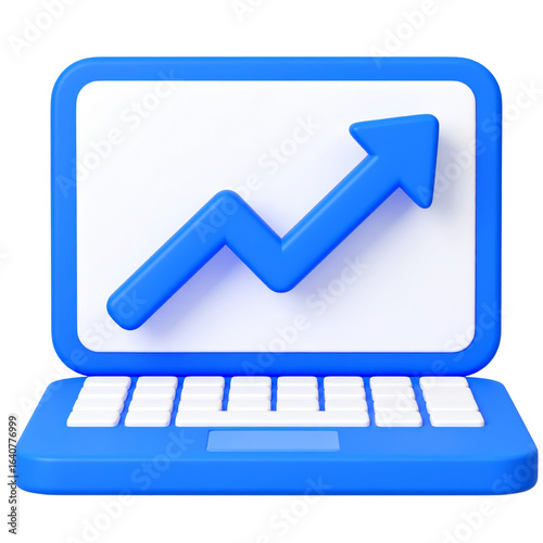 Blue laptop with upward arrow growth chart business finance technology digital success data analysis positive trend 3D illustration isolated transparency background modern progress cheerful