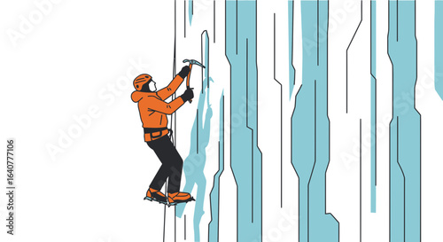 Illustration of a man ice climbing, showcasing adventure and extreme sports in stylized design with bold lines and a vibrant color palette
