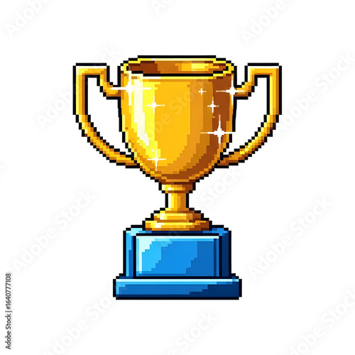 Shiny golden pixel art trophy with sparkles on a blue base retro video game style award.