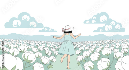 Girl In A Cotton Field With A Hat Enjoying The Sunny Day Outdoors