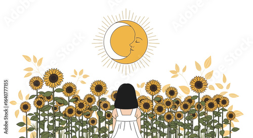 Girl In a Sunflower Field With a Moon Sun Character Above Her Head