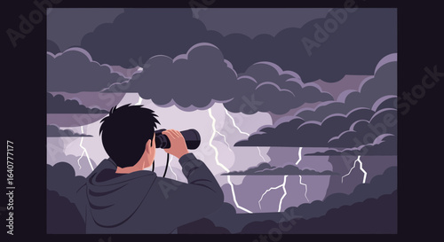 Illustration of a man observing a lightning storm with binoculars and a hopeful spirit