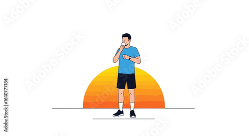 Illustration of a man drinking from a glass with a sunset backdrop for wellness related themes