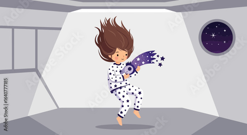 Girl in star pajamas jumping on a spaceship heading towards the stars adventure dreams and possibilities in space
