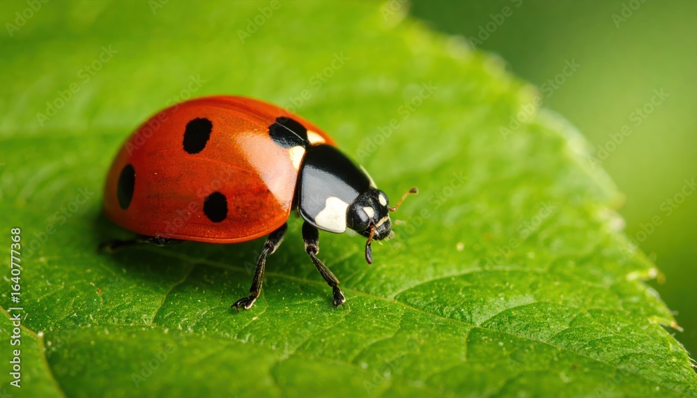 Fototapeta premium Ladybug crawling on green leaf closeup