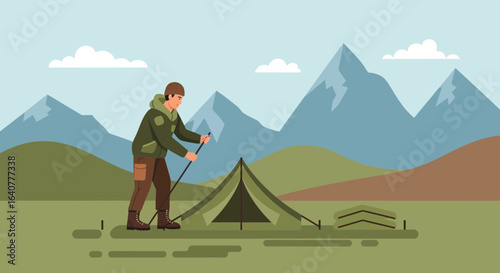 Illustration of a man setting up a tent in a mountainous landscape depicting outdoor adventure and camping