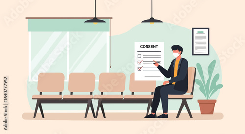 Illustration of a masked man in a waiting room filling out a consent form carefully