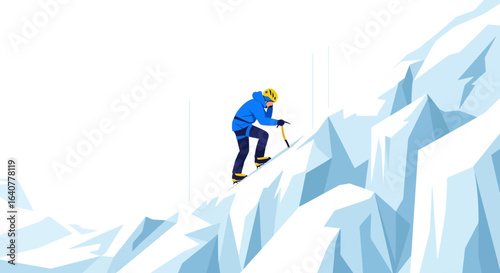 Illustration of a mountaineer climbing a snowy mountain using an ice ax in winter outdoor adventure