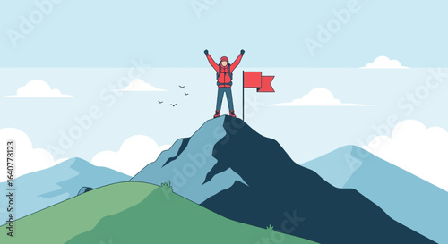 Illustration of a mountain climber standing triumphantly on the summit with flag