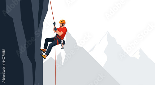 Illustration of a mountain climber rappelling down a cliff with mountain backdrop offering a sense of adventure