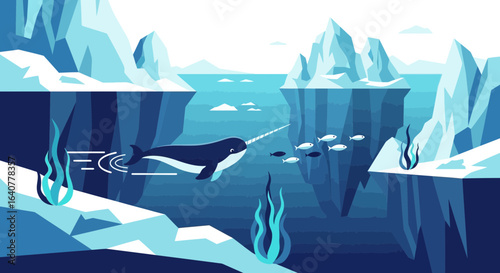 Illustrated arctic scene with narwhal swimming and fish in icy environment