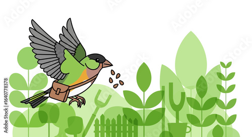 Illustrated bird delivering seeds for gardening amid green foliage background