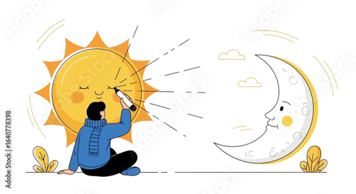 Illustration of a person drawing sun rays towards the moon depicting connection and imagination